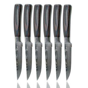 6 Piece Damascus Pattern Serrated Steak Knife Set